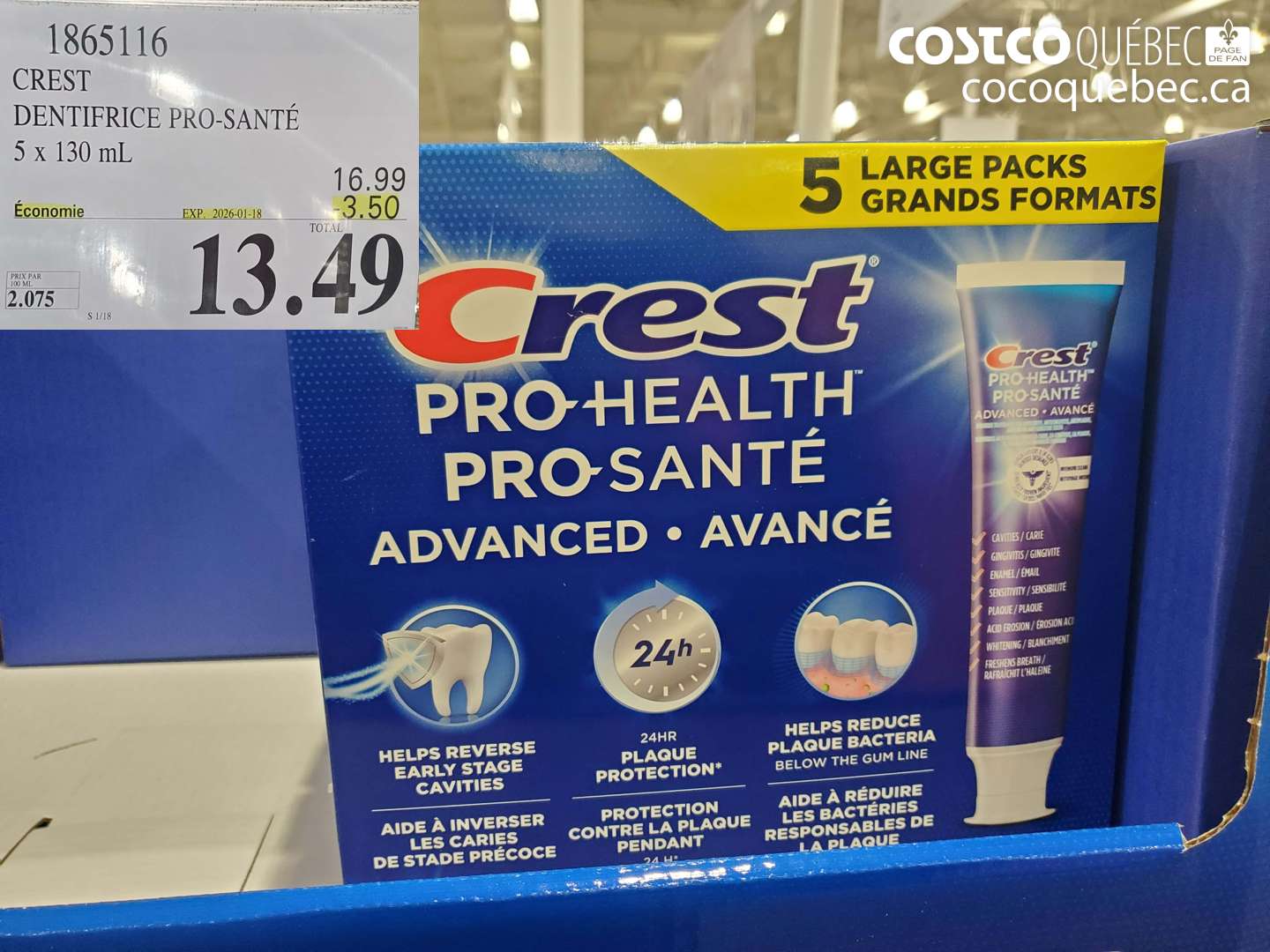 1865116 CREST DENTIFRICE PRO-SANTÉ 5 x 130 mL ($3.50 INSTANT SAVINGS EXPIRES ON 2026-01-18) $13.49