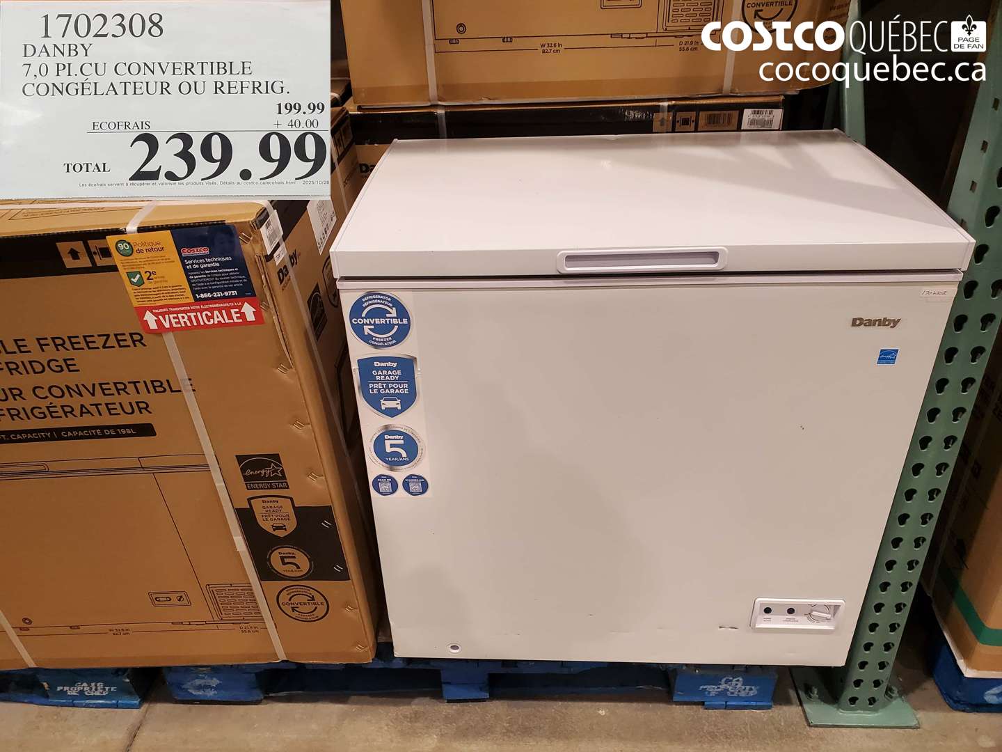 1702308 DANBY 7,0 PICU CONVERTIBLE CONGELATEUR OU FRIGO $239.99