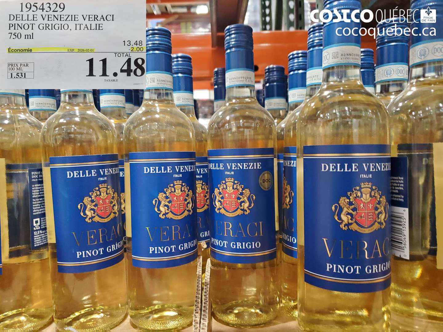 1954329 DELLE VENEZIE VERACI PINOT GRIGIO, ITALIE 750 ml ($2.00 INSTANT SAVINGS EXPIRES ON 2026-02-01) $11.48