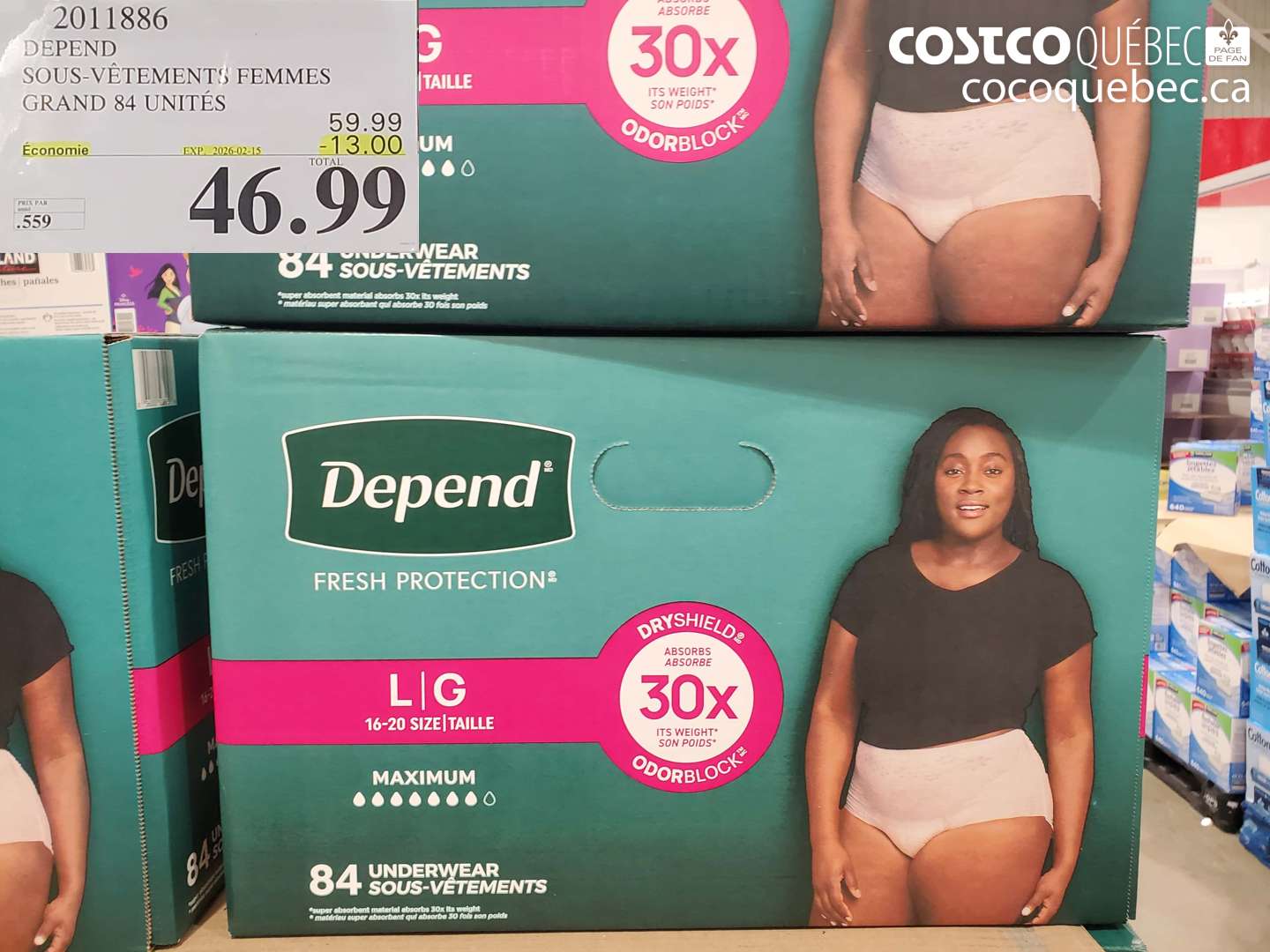 2011886 DEPEND SOUS-VETEMENTS FEMMES GRAND 84 UNITES  ($13.00 INSTANT SAVINGS EXPIRES ON 2026-02-15) $46.99