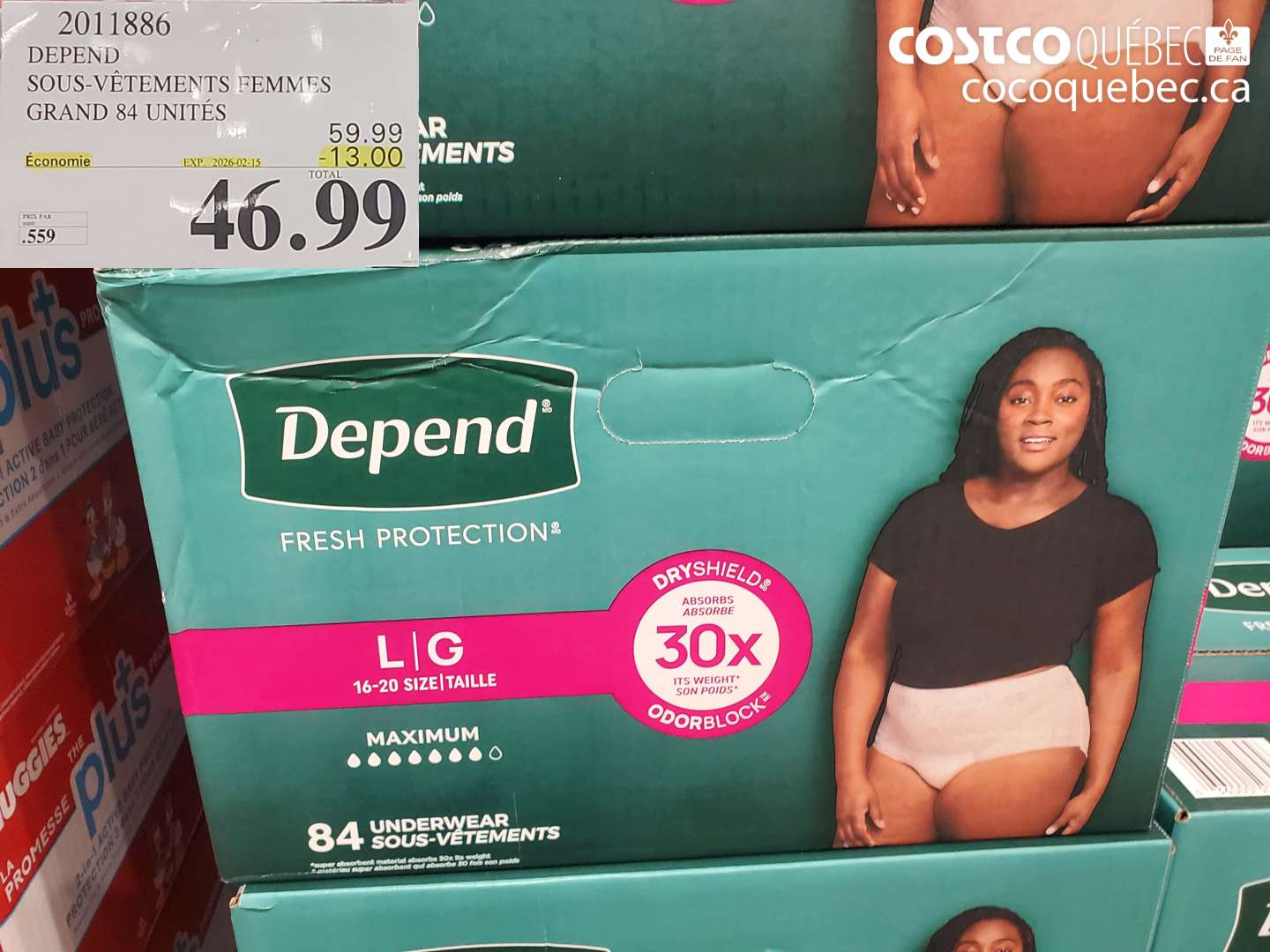 2011886 DEPEND SOUS-VETEMENTS FEMMES GRAND 84 UNITES  ($13.00 INSTANT SAVINGS EXPIRES ON 2026-02-15) $46.99