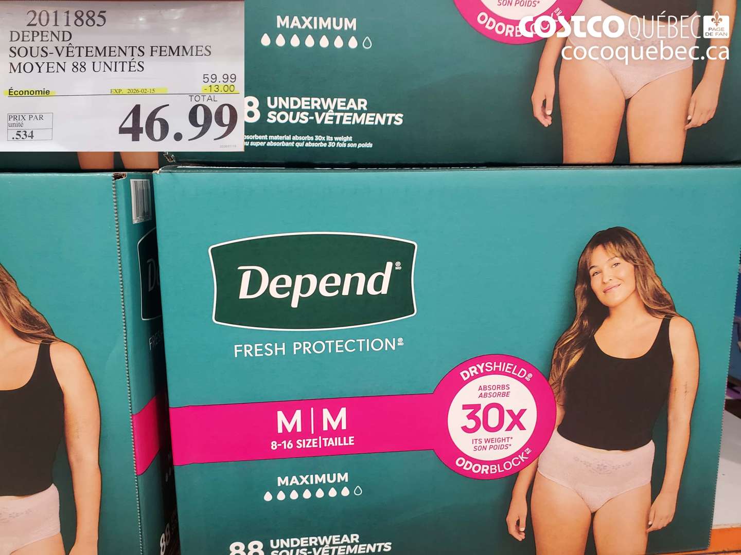 2011885 DEPEND SOUS-VÊTEMENTS FEMMES MOYEN 88 UNITÉS ($13.00 INSTANT SAVINGS EXPIRES ON 2026-02-15) $46.99