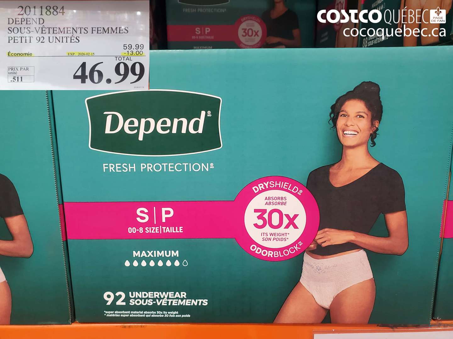2011884 DEPEND SOUS-VÊTEMENTS FEMMES PETIT 92 UNITÉS ($13.00 INSTANT SAVINGS EXPIRES ON 2026-02-15) $46.99