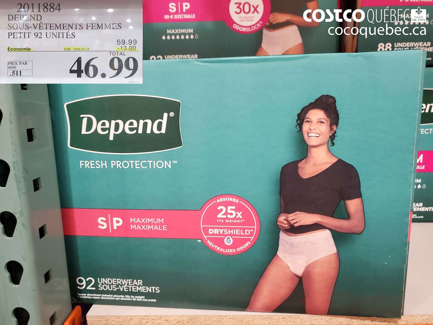 2011884 DEPEND SOUS-VéTEMENTS FEMMES PETIT 92 UNITES ($13.00 INSTANT SAVINGS EXPIRES ON 2026-02-15) $46.99