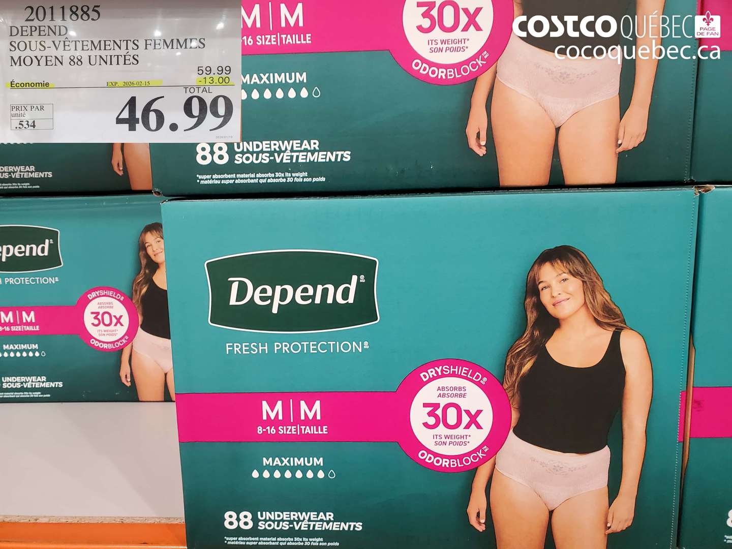 2011885 DEPEND SOUS-VéTEMENTS FEMMES MOYEN 88 UNITES  ($13.00 INSTANT SAVINGS EXPIRES ON 2026-02-15) $46.99