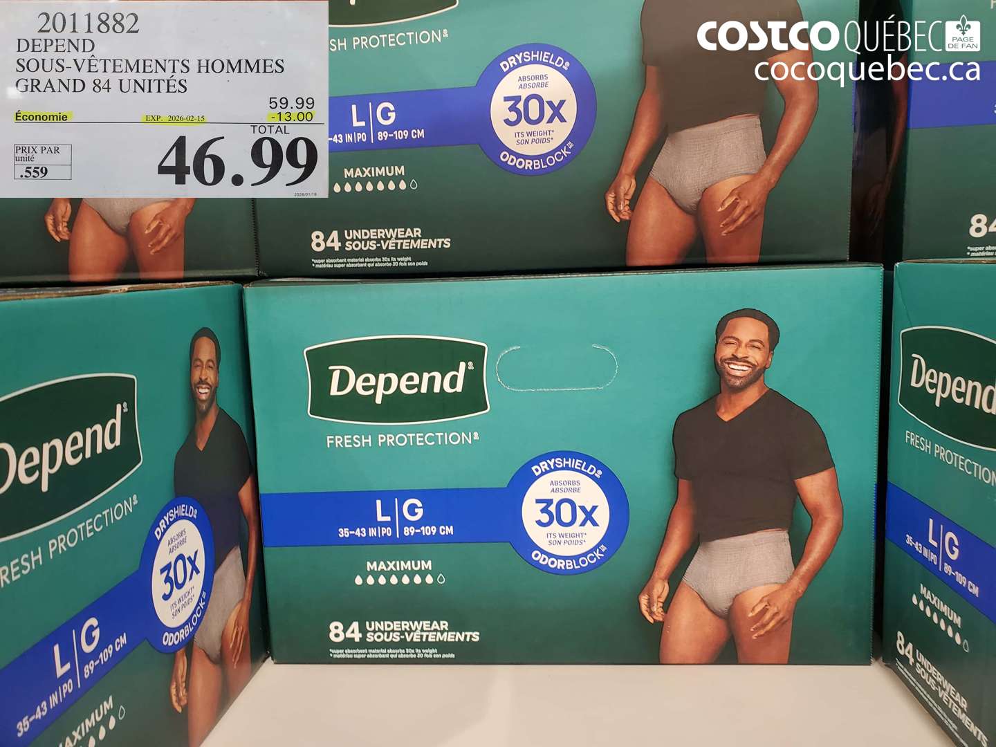 2011882 DEPEND SOUS-VéTEMENTS HOMMES GRAND 84 UNITES  ($13.00 INSTANT SAVINGS EXPIRES ON 2026-02-15) $46.99