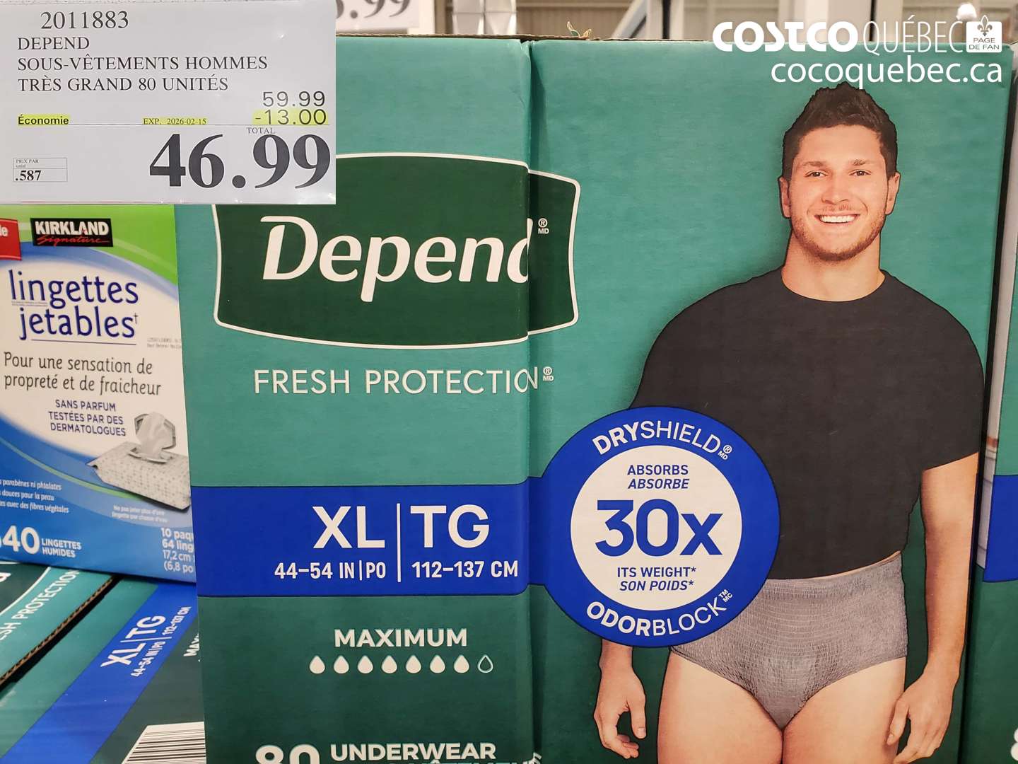 2011883 DEPEND SOUS-VéTEMENTS HOMMES TRéS GRANDS 80 UNITES ($13.00 INSTANT SAVINGS EXPIRES ON 2026-02-15) $46.99