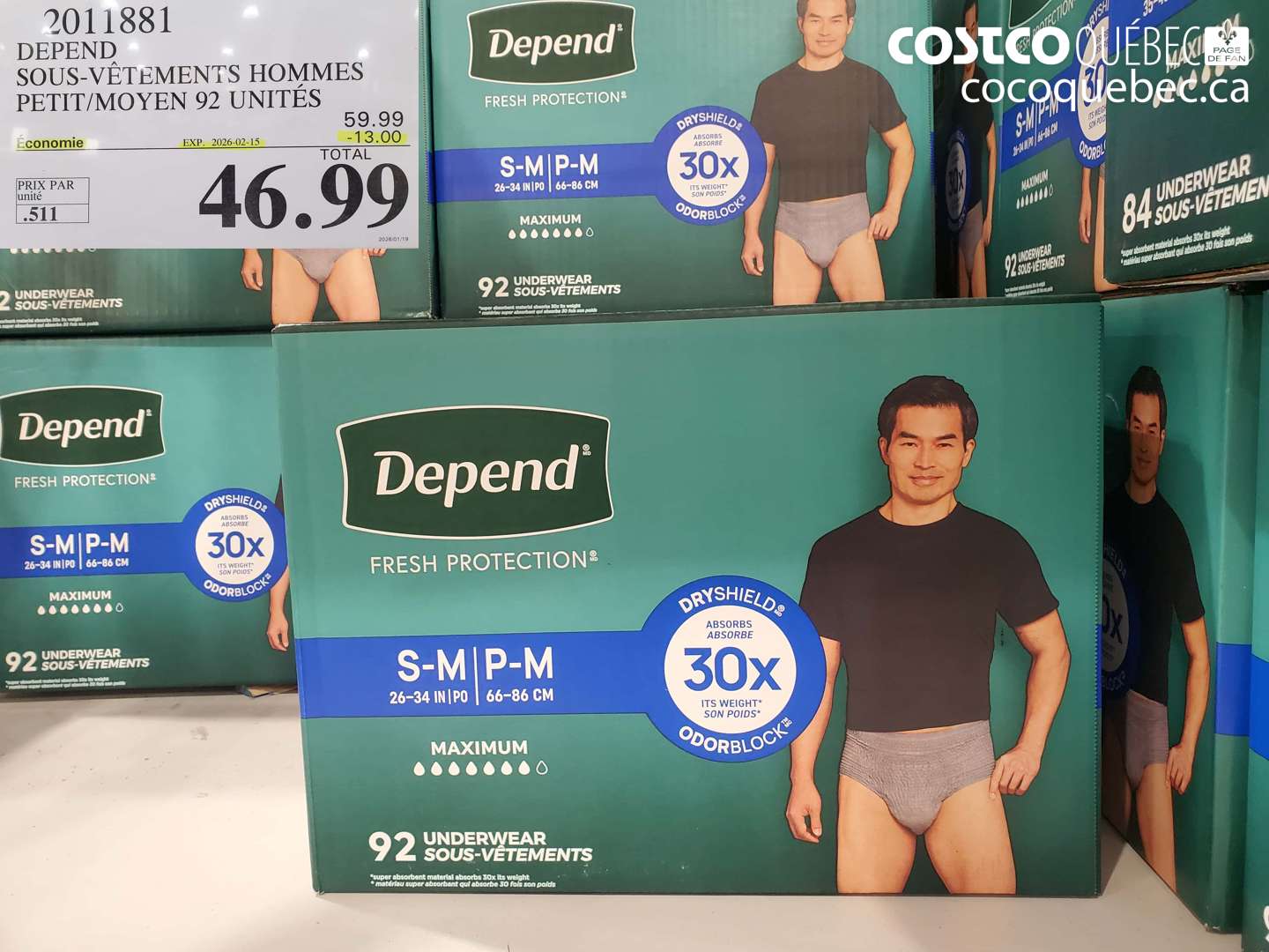 2011881 DEPEND SQUS-VeTEMENTS HOMMES P/M 92 UNITES ($13.00 INSTANT SAVINGS EXPIRES ON 2026-02-15) $46.99