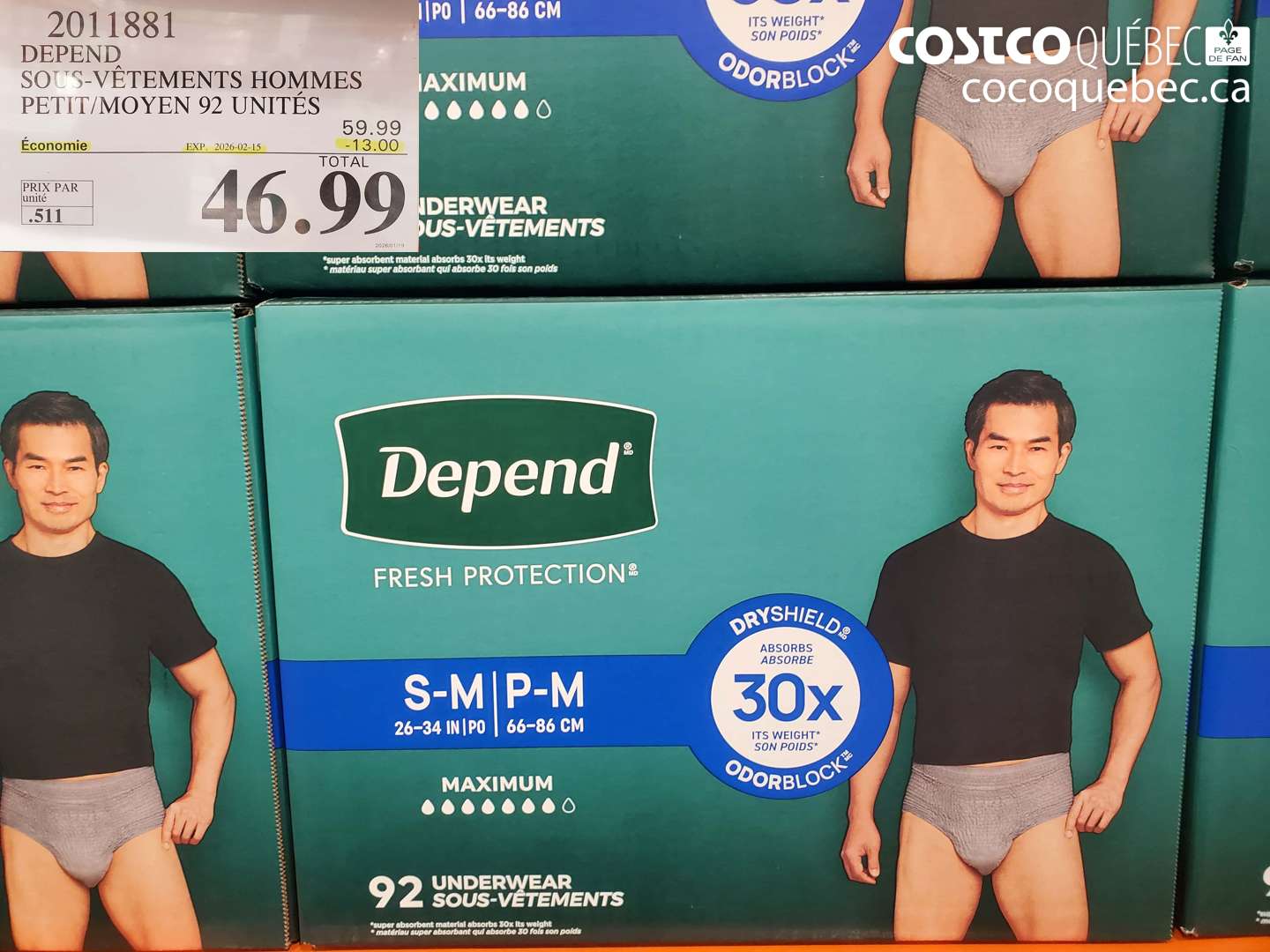 2011881 DEPEND SQUS-VeTEMENTS HOMMES P/M 92 UNITES ($13.00 INSTANT SAVINGS EXPIRES ON 2026-02-15) $46.99