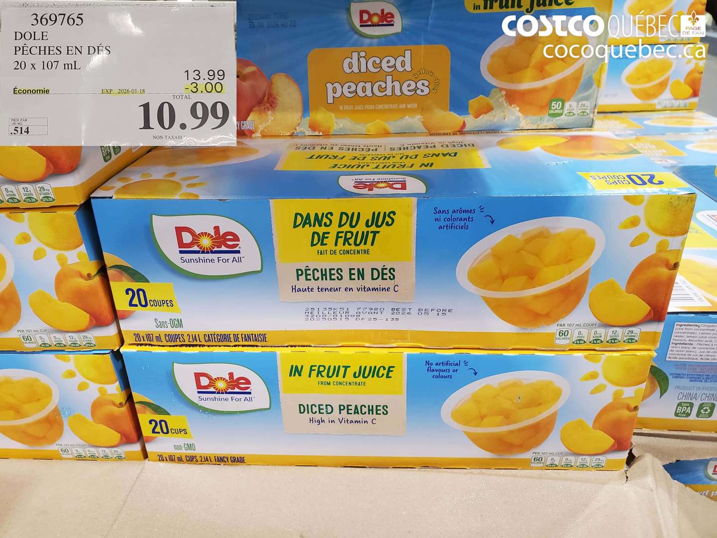 369765 DOLE PÊCHES EN DÉS 20 x 107 mL ($3.00 INSTANT SAVINGS EXPIRES ON 2026-01-18) $10.99