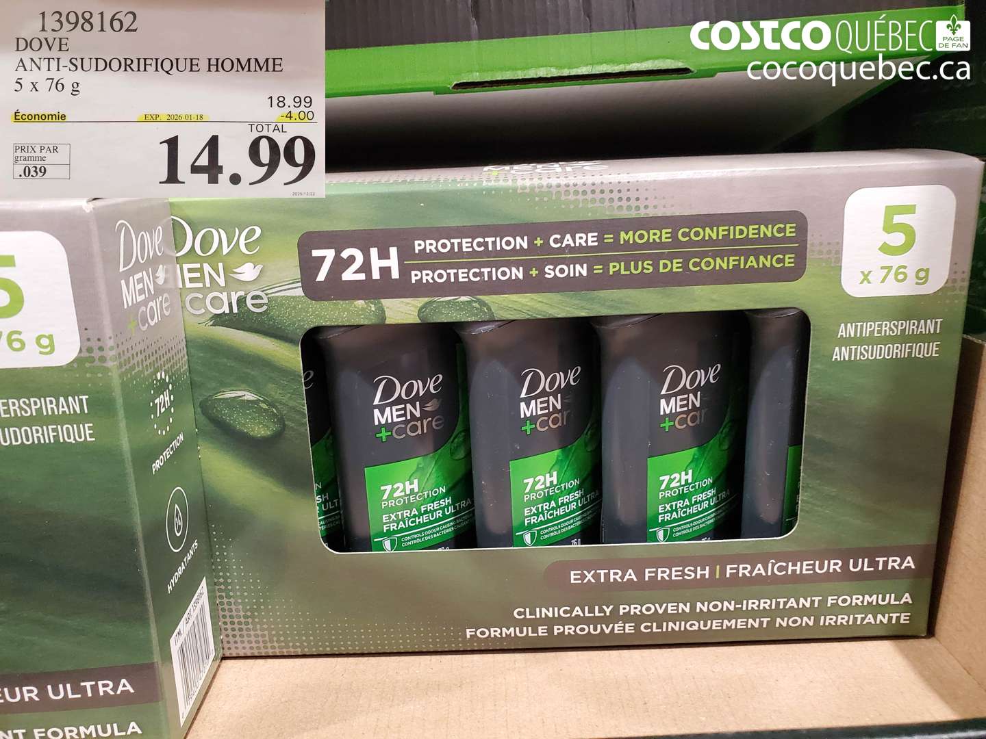 1398162 DOVE ANTI-SUDORIFIQUE HOMME 5 x 76 g ($4.00 INSTANT SAVINGS EXPIRES ON 2026-01-18) $14.99