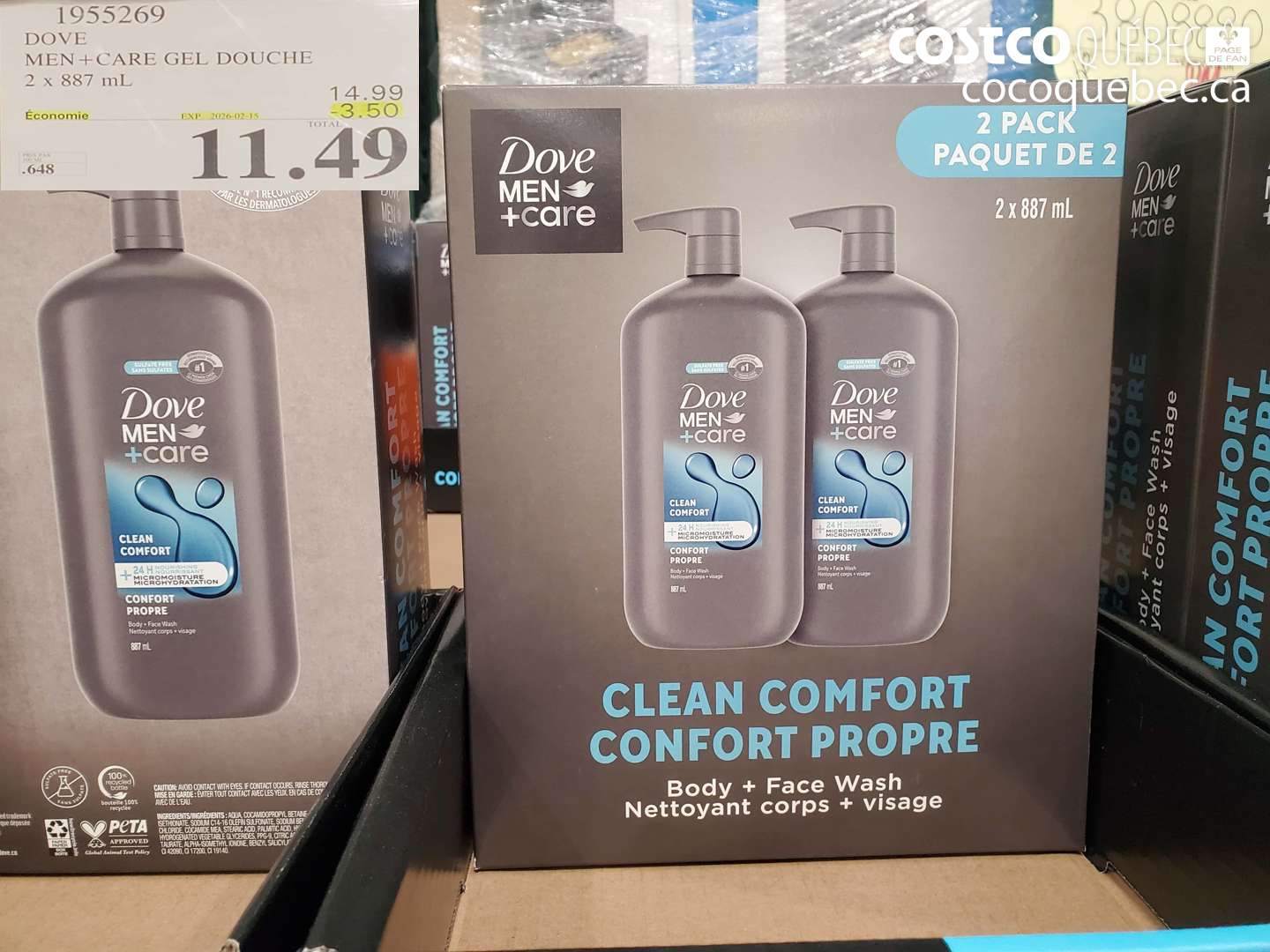 1955269 DOVE MEN + CARE GEL DOUCHE 2 X 887 ML 3.50 OFF ($3.50 INSTANT SAVINGS EXPIRES ON 2025-02-15) $14.99