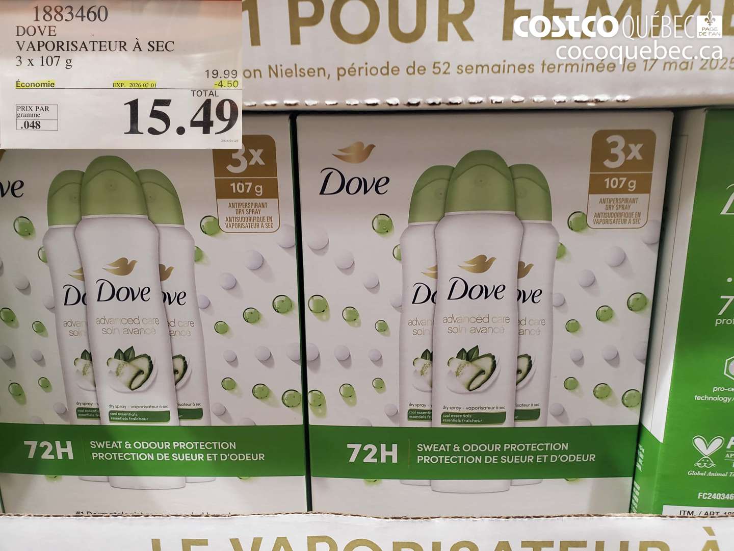 1883460 DOVE VAPORISATEUR À SEC 3 x 107 g ($4.50 INSTANT SAVINGS EXPIRES ON 2026-02-01) $15.49