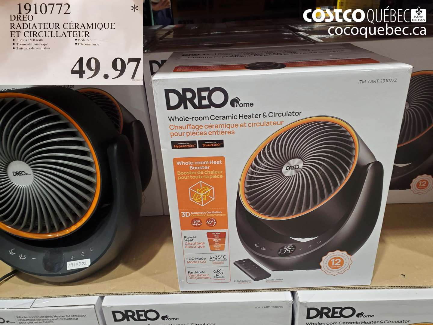 1910772 DREO RADIATEUR CÉRAMIQUE ET CIRCULATEUR $49.97