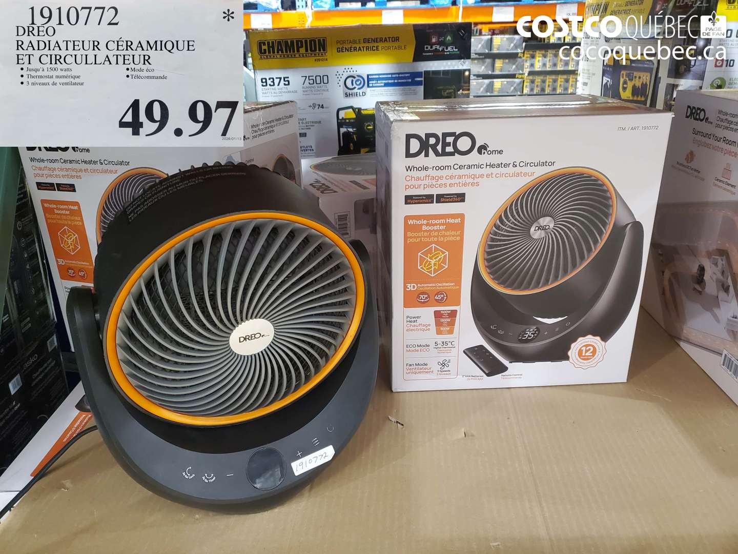 1910772 DREO RADIATEUR CÉRAMIQUE ET CIRCULATEUR $49.97