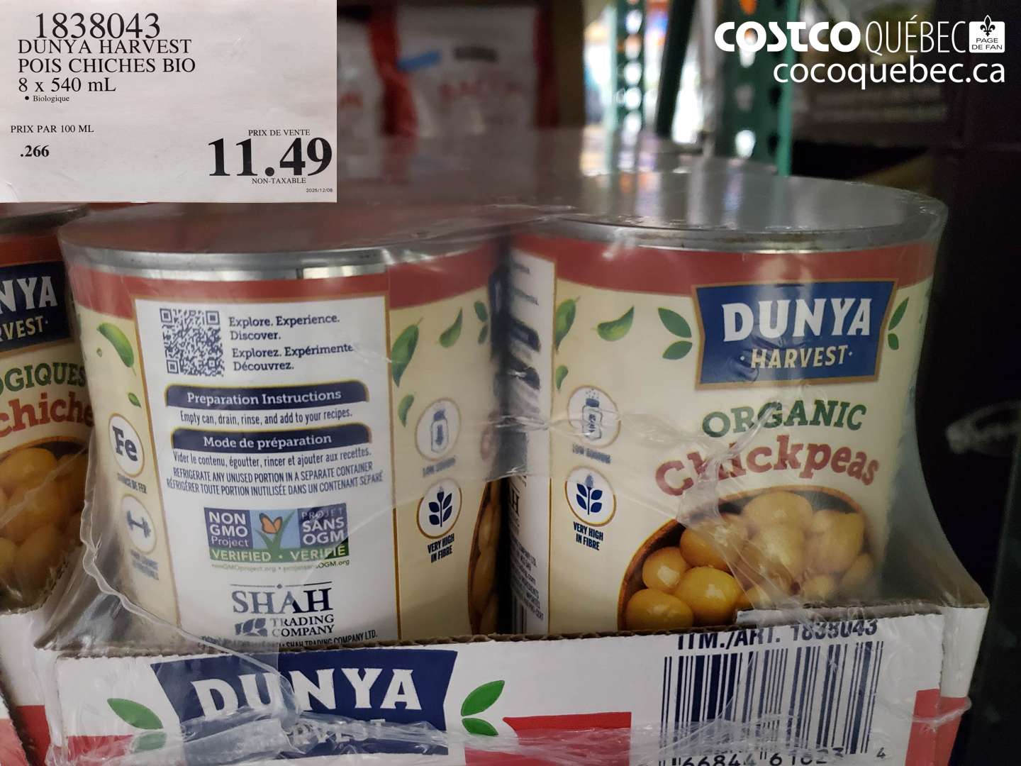 1838043 DUNYA HARVEST POIS CHICHES BIO 8 x 540 mL $11.49