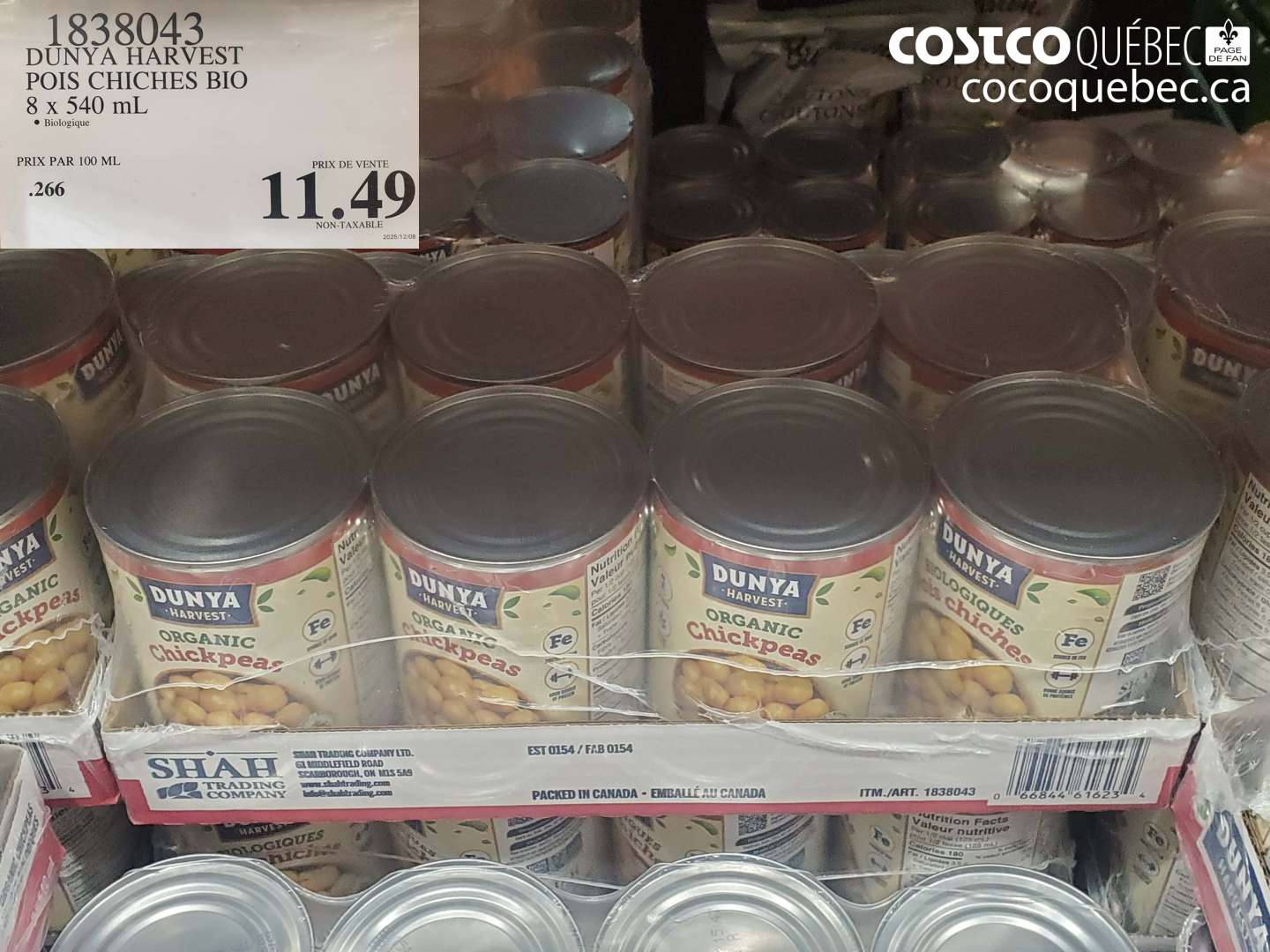 1838043 DUNYA HARVEST POIS CHICHES BIO 8 x 540 mL $11.49