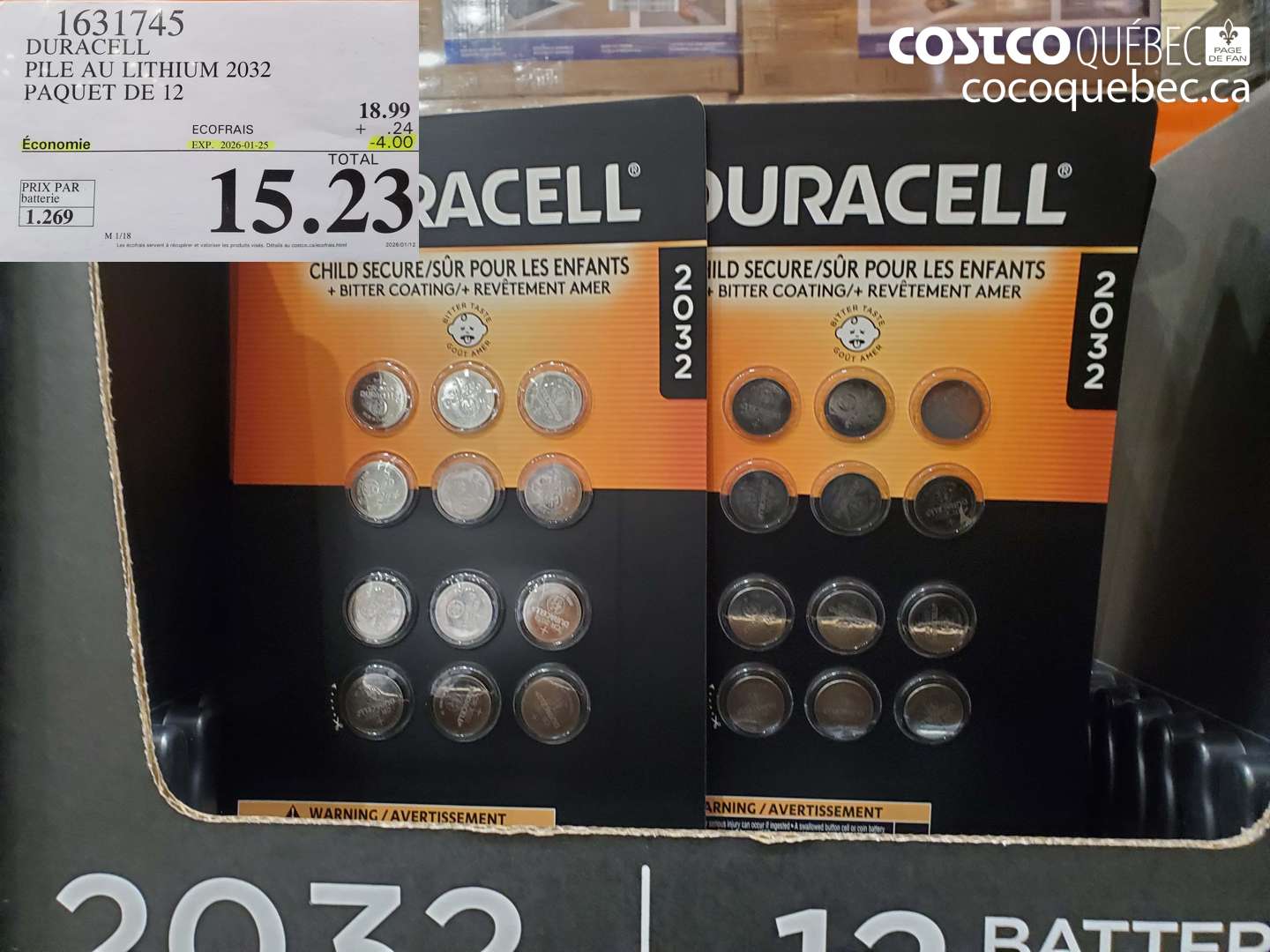 1631745 DURACELL PILE AU LITHIUM 2032 PAQUET DE 12 ($4.00 INSTANT SAVINGS EXPIRES ON 2026-01-18) $15.23