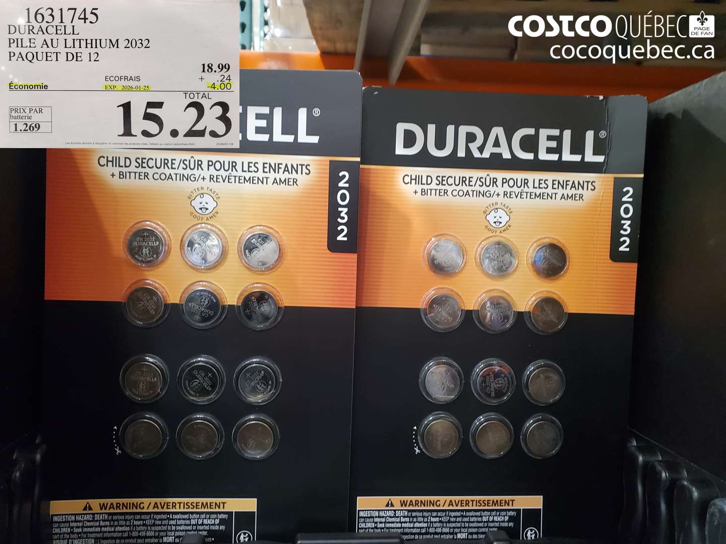 1631745 DURACELL PILE AU LITHIUM 2032 PAQUET DE 12 ($4.00 INSTANT SAVINGS EXPIRES ON 2026-01-25) $15.23