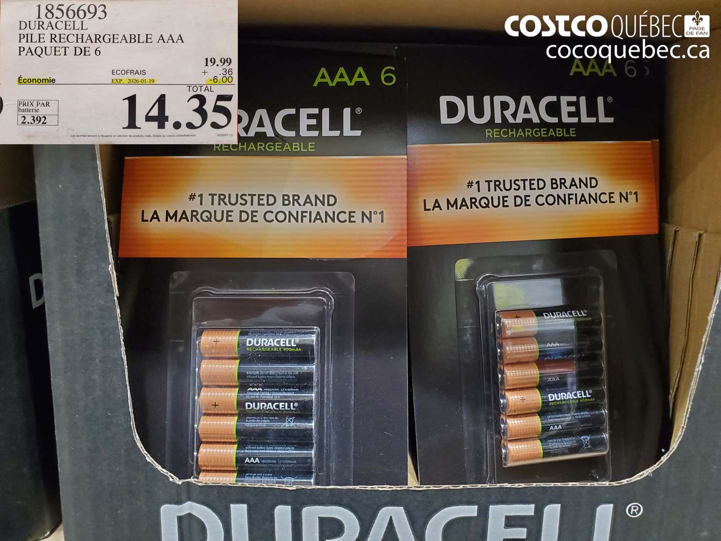 1856693 DURACELL PILE RECHARGEABLE AAA PAQUET DE 6 ($6.00 INSTANT SAVINGS EXPIRES ON 2026-01-19) $14.35