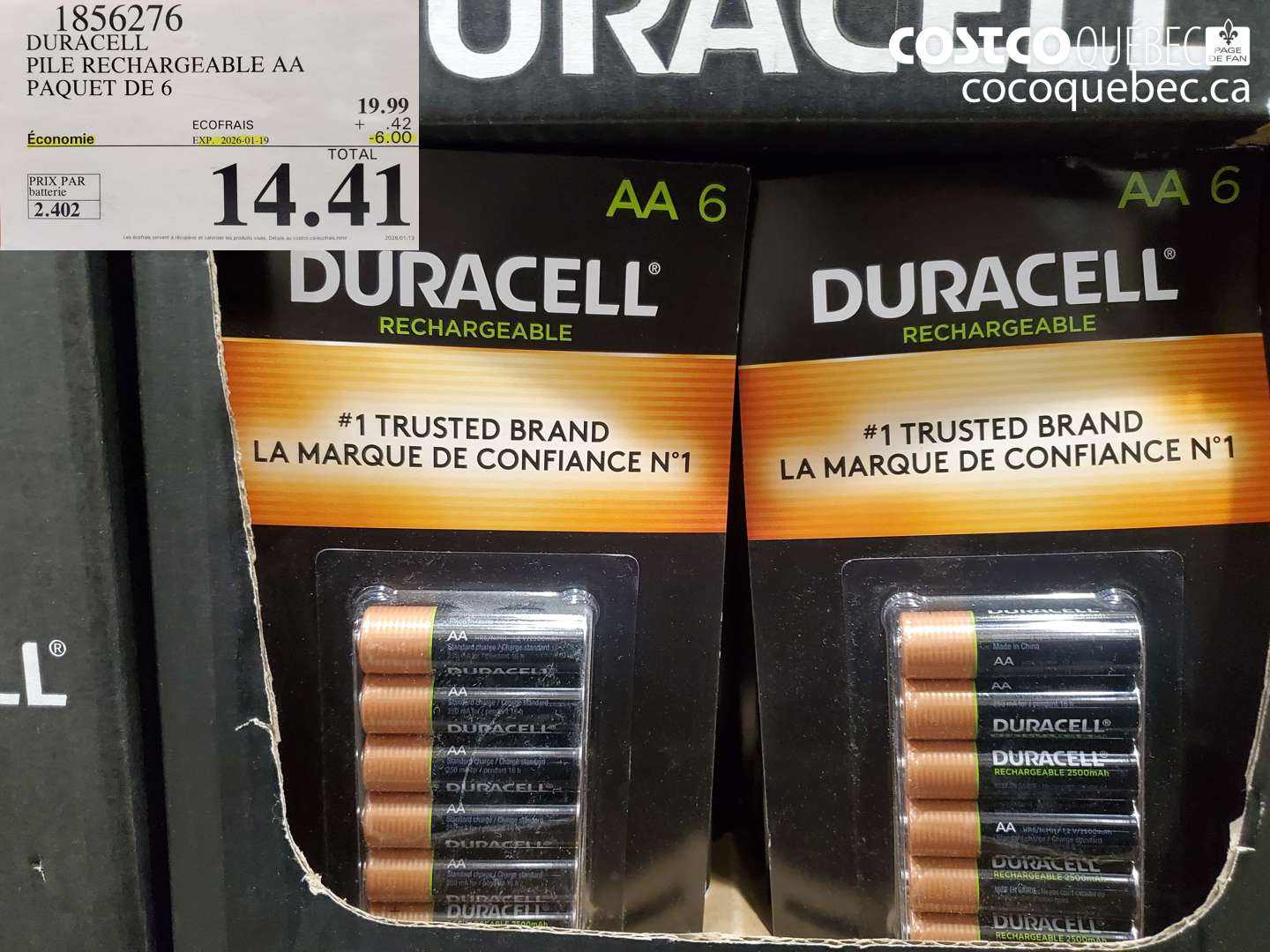 1856276 DURACELL PILE RECHARGEABLE AA PAQUET DE 6 ($6.00 INSTANT SAVINGS EXPIRES ON 2026-01-19) $14.41