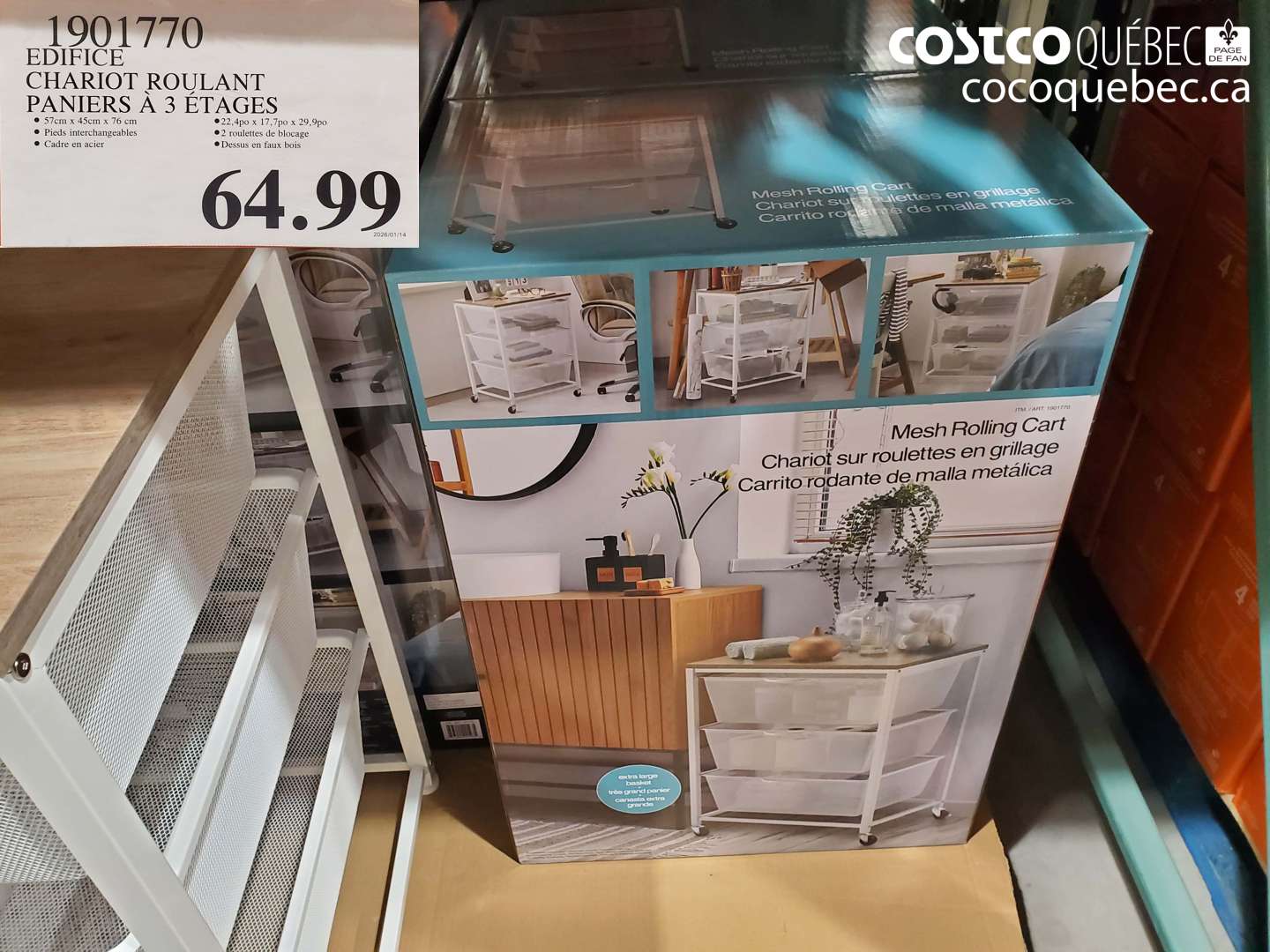 1901770 EDIFICE CHARIOT ROULANT PANIERS A 3 ETAGES $64.99