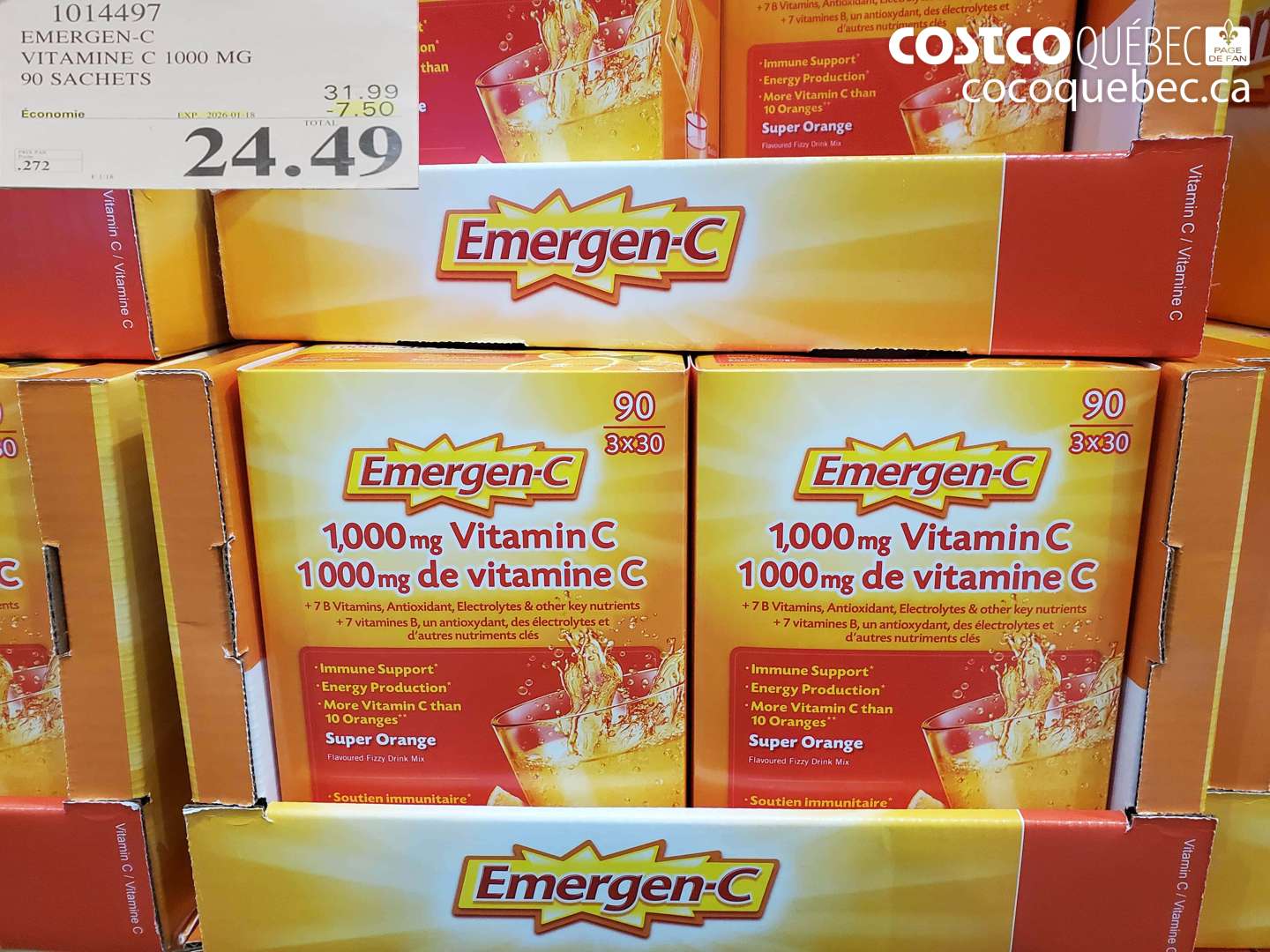 1014497 EMERGEN-C VITAMINE C 1000 MG 90 SACHETS ($7.50 INSTANT SAVINGS EXPIRES ON 2026-01-18) $24.49