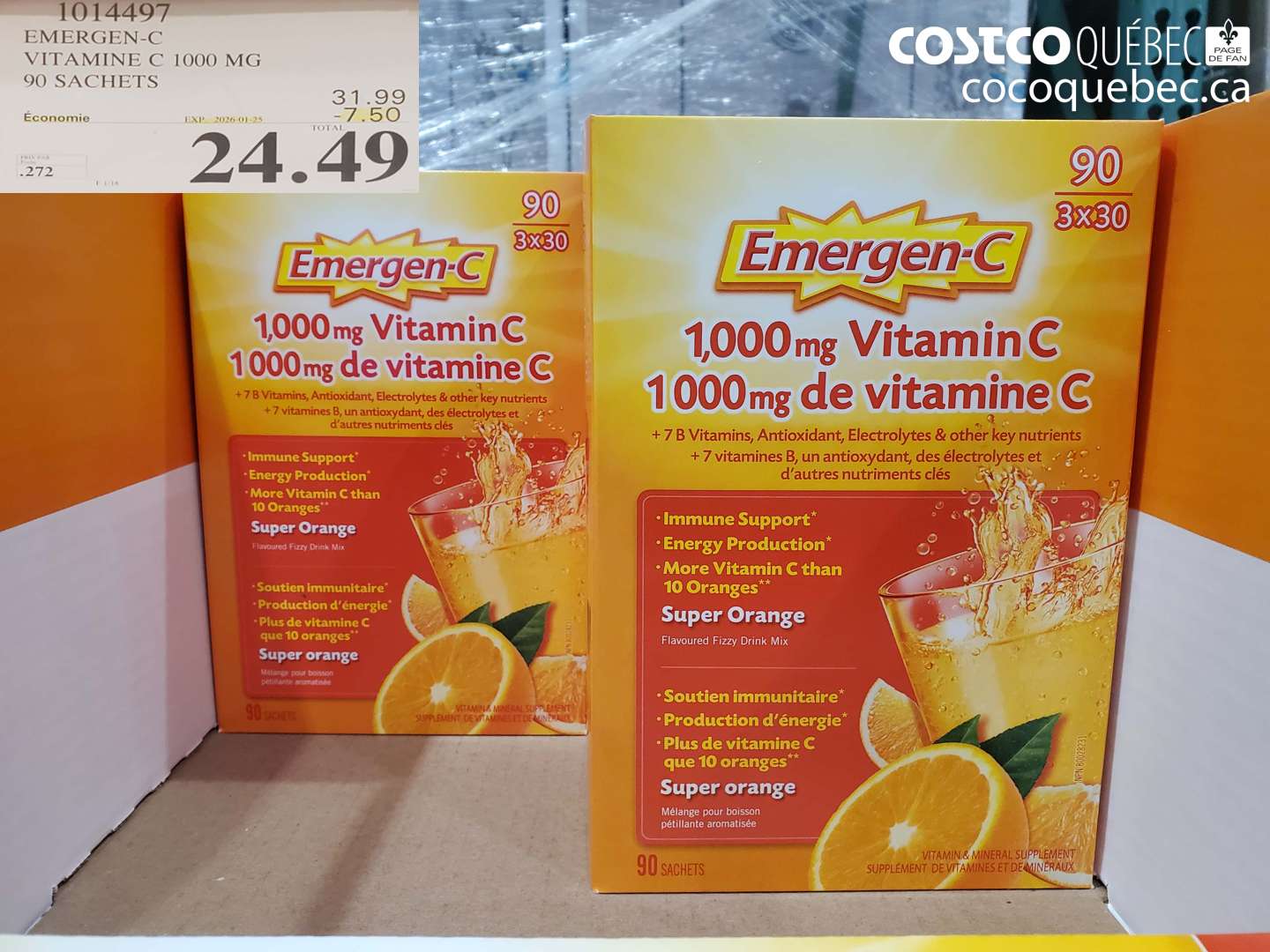 1014497 EMERGEN-C VITAMINE C 1000 MG 90 SACHETS ($7.50 INSTANT SAVINGS EXPIRES ON 2025-01-25) $24.49