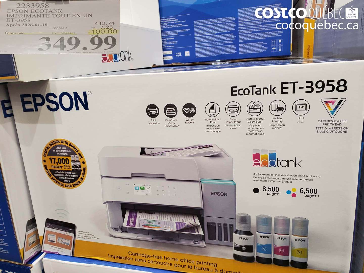 2233958 EPSON ECOTANK IMPRIMANTE TOUT-EN-UN ET-3958 ($100.00 INSTANT SAVINGS EXPIRES ON 2026-01-18) $349.99