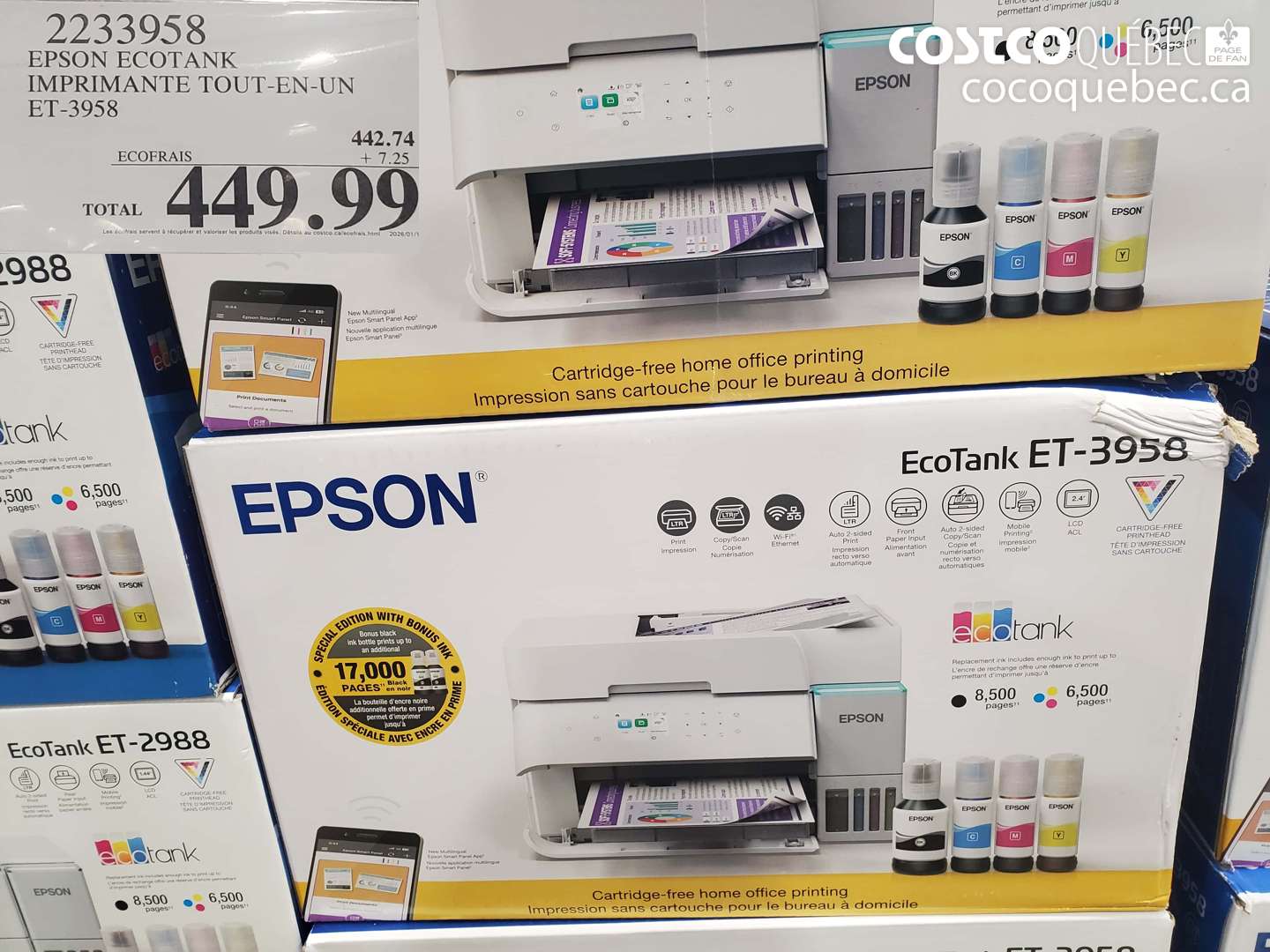 2233958 EPSON ECOTANK IMPRIMANTE TOUT-EN-UN ET-3958 $449.99