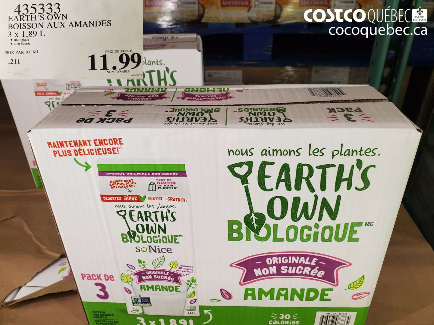 435333 Earth's Own Boisson aux Amandes, 3 x 1,89 L $11.99