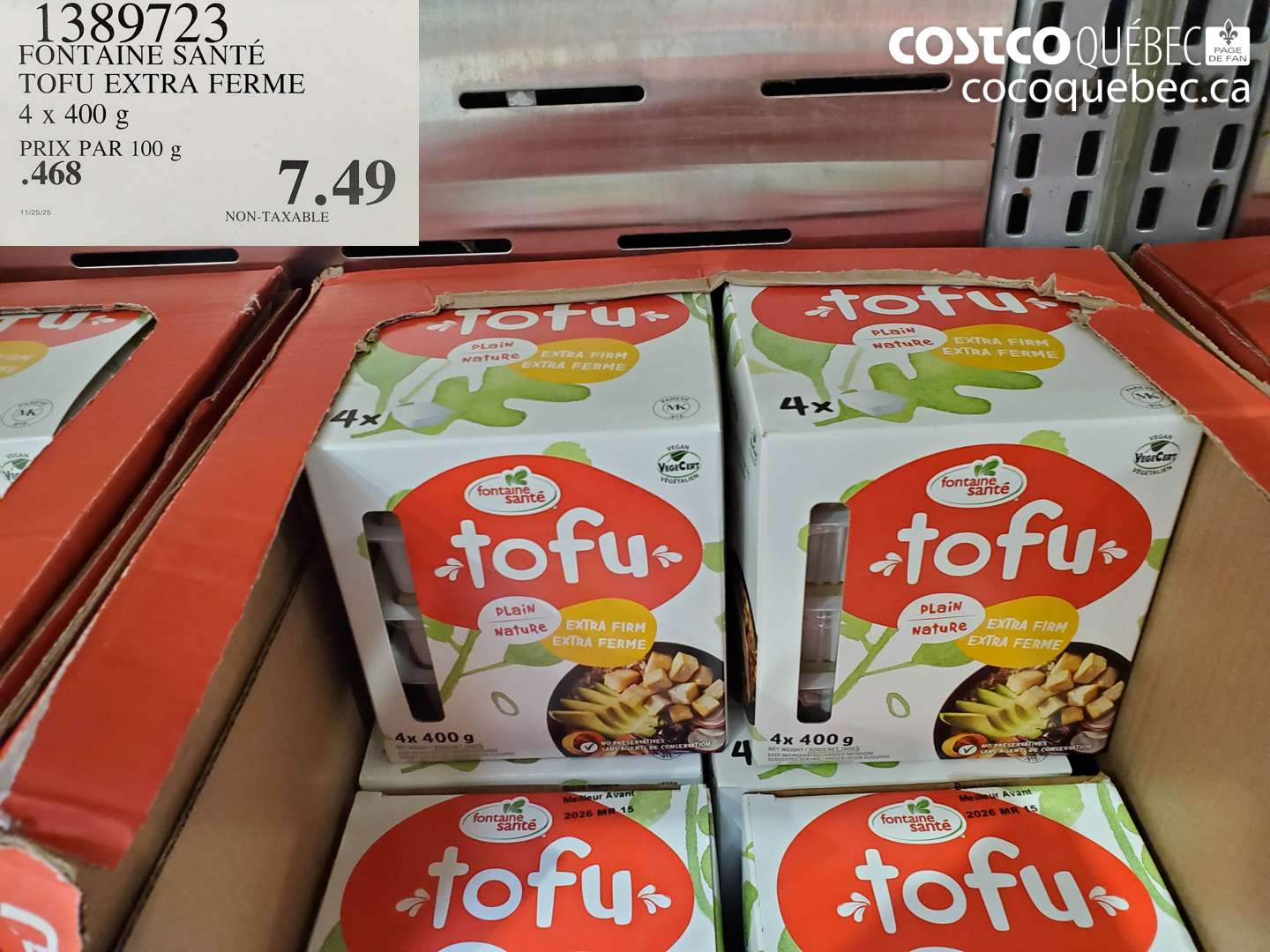 1389723 FONTAINE SANTÉ TOFU EXTRA FERME 4 x 400 g $7.49