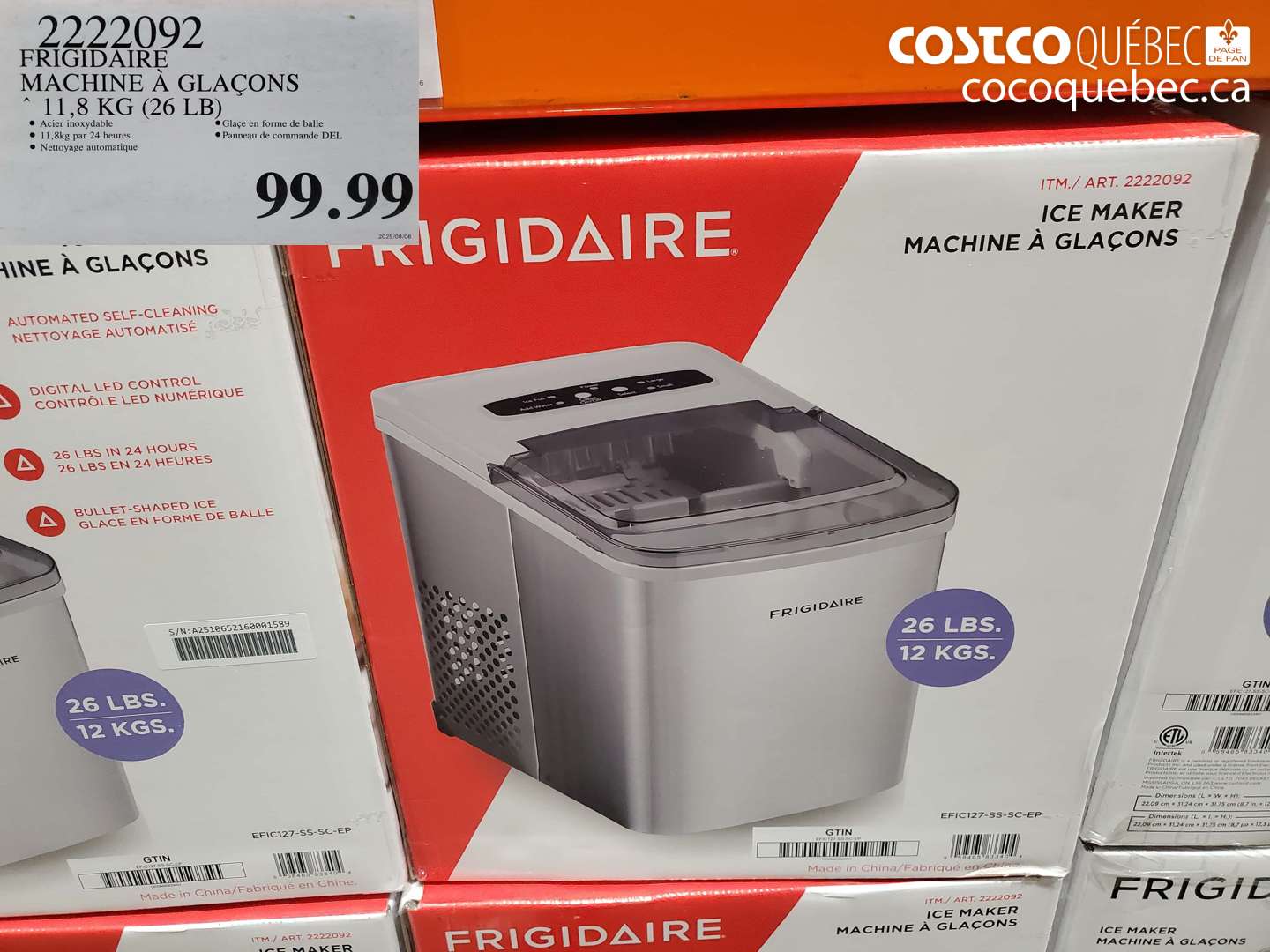 2222092 FRIGIDAIRE MACHINE À GLACONS 11,8 KG (26 LB) $99.99