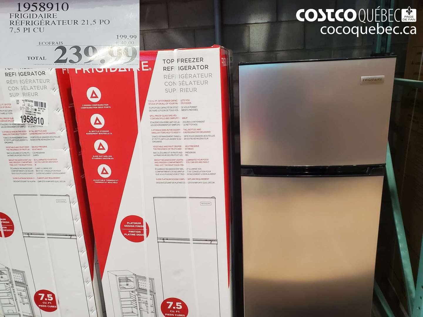 1958910 FRIGIDAIRE REGRIFERATEUR 21.5 PO 7.5 PI CU $239.99