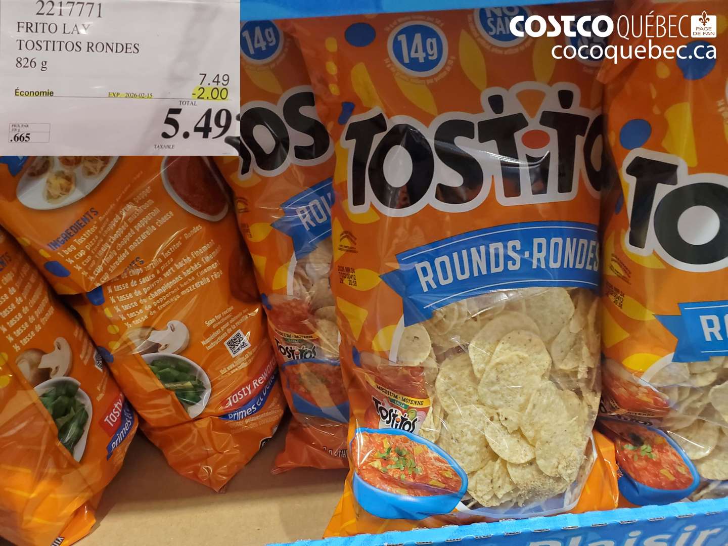 2217771 FRITO LAY TOSTITOS RONDES 826 g ($2.00 INSTANT SAVINGS EXPIRES ON 2026-02-15) $5.49
