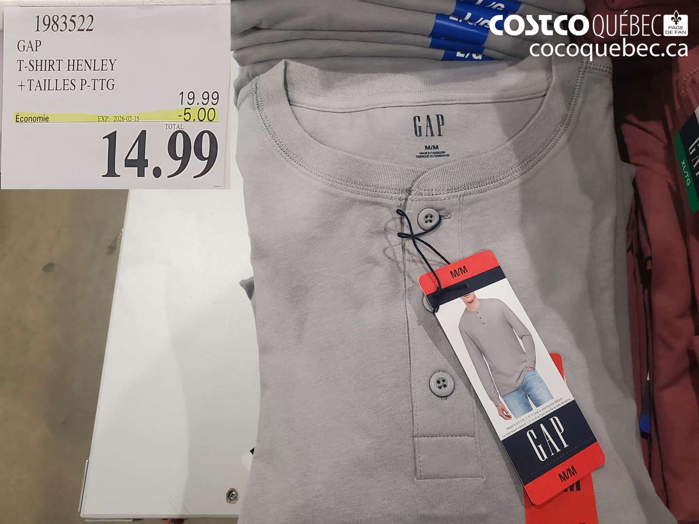 1983522 GAP T-SHIRT HENLEY +TAILLES P-PTG ($5.00 INSTANT SAVINGS EXPIRES ON 2026-02-15) $14.99