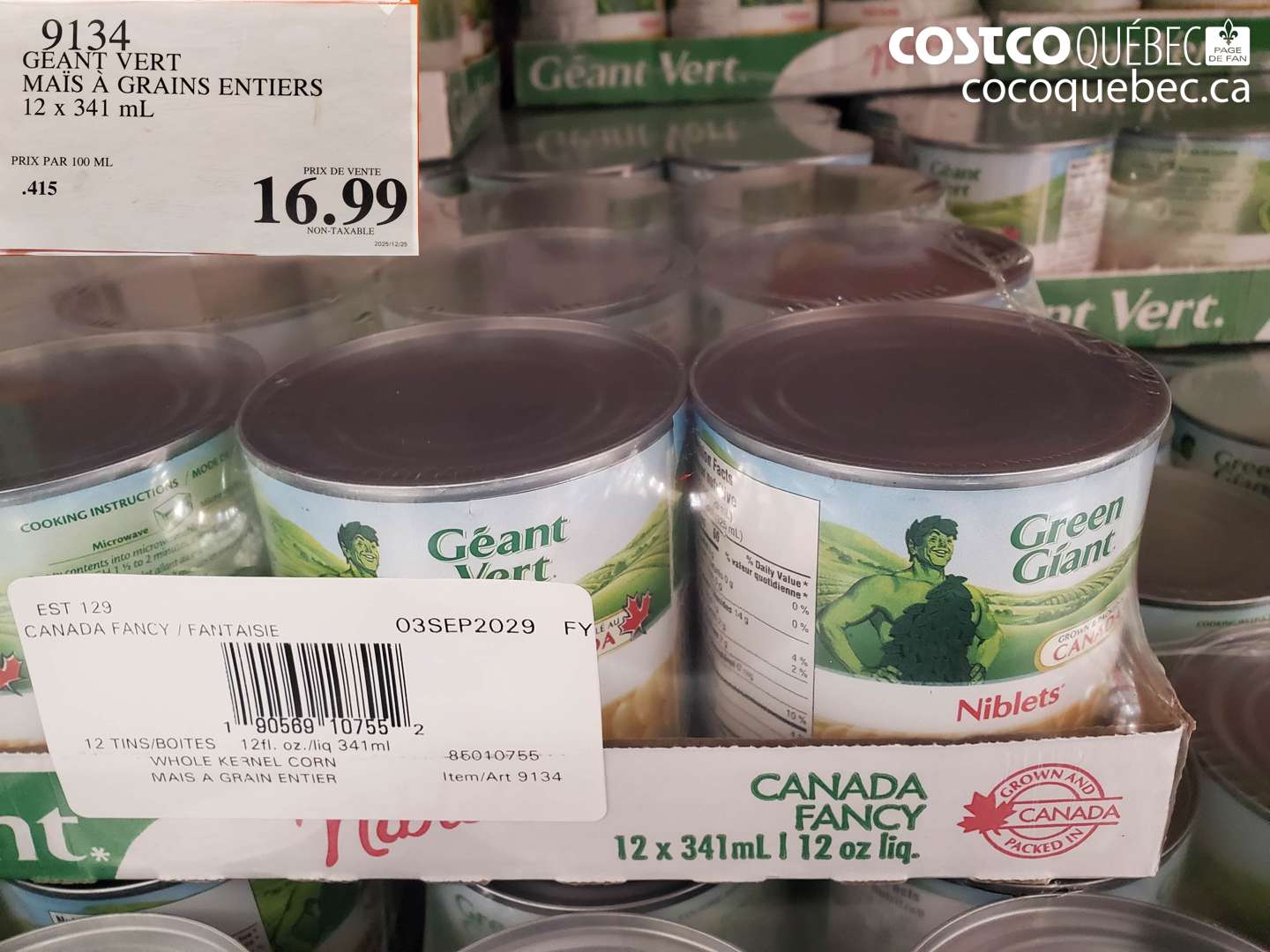 9134 GEANT VERT MAÏS À GRAINS ENTIERS 12 x 341 ml $16.99