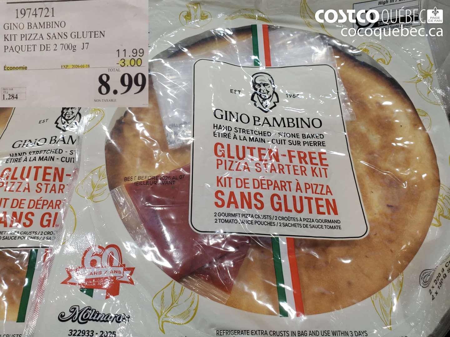 1974721 GINO BAMBINO KIT PIZZA SANS GLUTEN PAQUET DE 2 700g J7 ($3.00 INSTANT SAVINGS EXPIRES ON 2026-01-18) $8.99