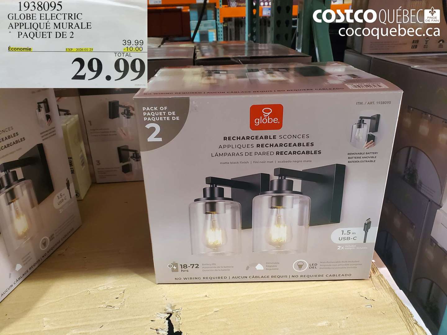 1938095 GLOBE ELECTRIC APPLIQUÉ MURALE PAQUET DE 2 ($10.00 INSTANT SAVINGS EXPIRES ON 2026-01-25) $29.99