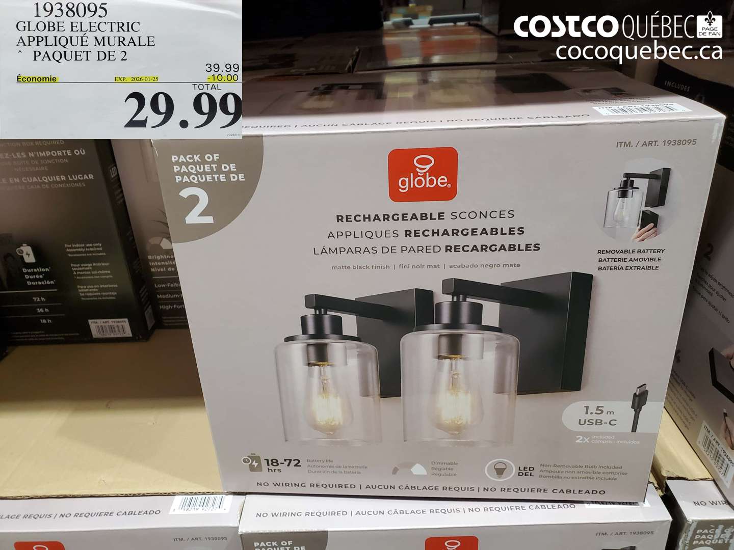 1938095 GLOBE ELECTRIC APPLIQUÉ MURALE PAQUET DE 2 ($10.00 INSTANT SAVINGS EXPIRES ON 2026-01-25) $29.99