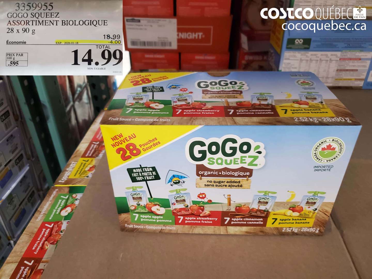3359955 GOGO SQUEEZ ASSORTIMENT BIOLOGIQUE 28 x 90 g ($4.00 INSTANT SAVINGS EXPIRES ON 2026-01-18) $14.99