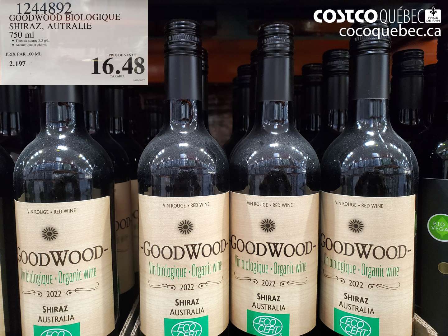 1244892 GOODWOOD BIOLOGIQUE SHIRAZ, AUSTRALIE 750 ml $16.48