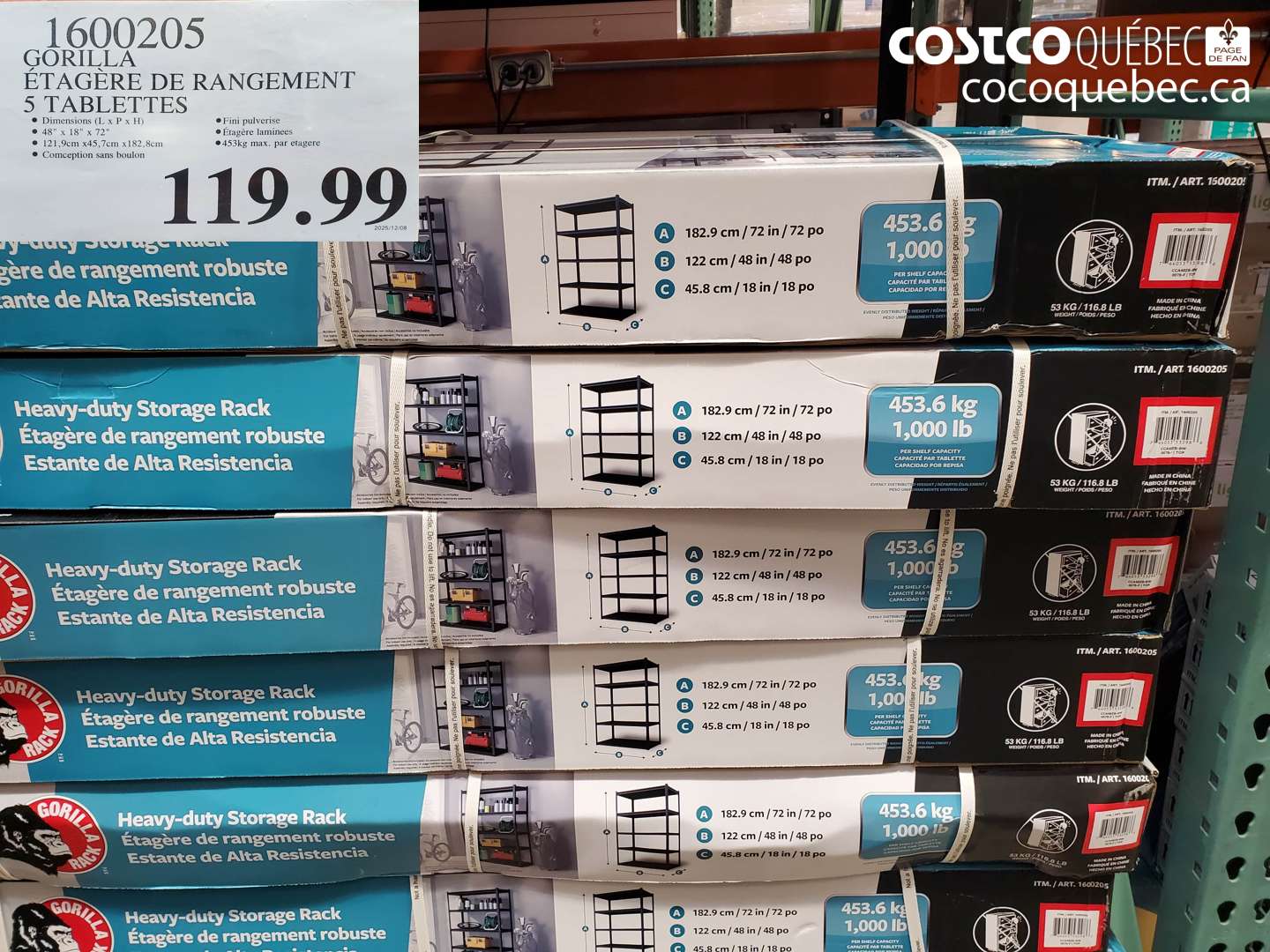 1600205 GORILLA ÉTAGÈRE DE RANGEMENT 5 TABLETTES $119.99