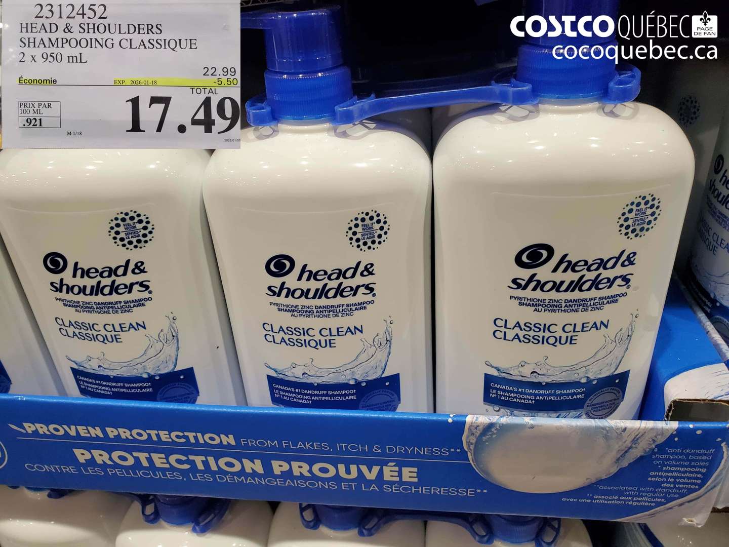 2312452 HEAD & SHOULDERS SHAMPOOING CLASSIQUE 2 x 950 mL ($5.50 INSTANT SAVINGS EXPIRES ON 2026-01-18) $17.49