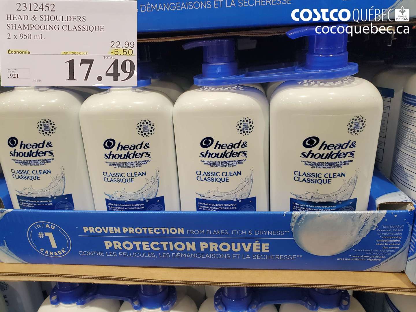 2312452 HEAD & SHOULDERS SHAMPOOING CLASSIQUE 2 x 950 mL ($5.50 INSTANT SAVINGS EXPIRES ON 2026-01-18) $17.49