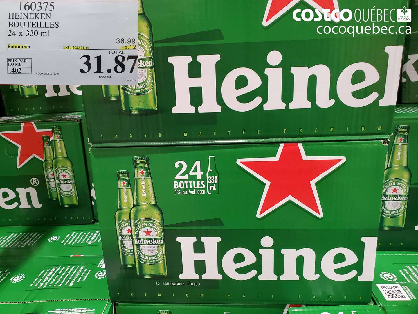 160375 HEINEKEN BOUTEILLES 24 x 330 ml ($5.12 INSTANT SAVINGS EXPIRES ON 2026-01-12) $31.87
