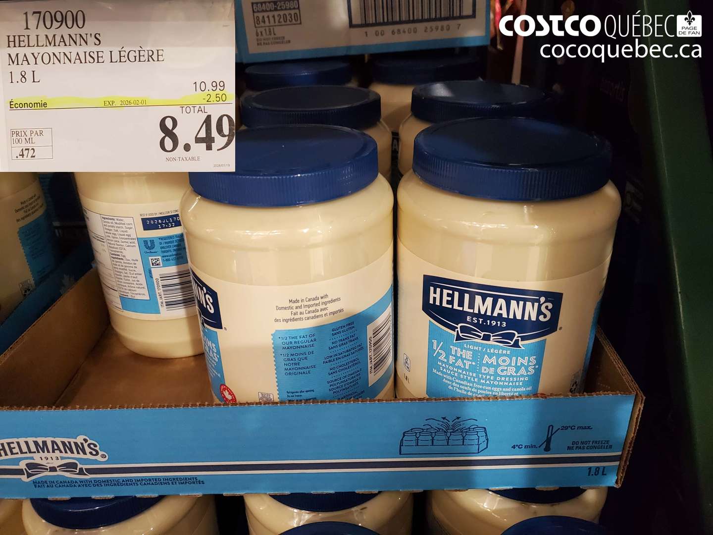 170900 HELLMANN'S MAYONNAISE LÉGÈRE 1.8 L ($2.50 INSTANT SAVINGS EXPIRES ON 2026-02-01) $8.49