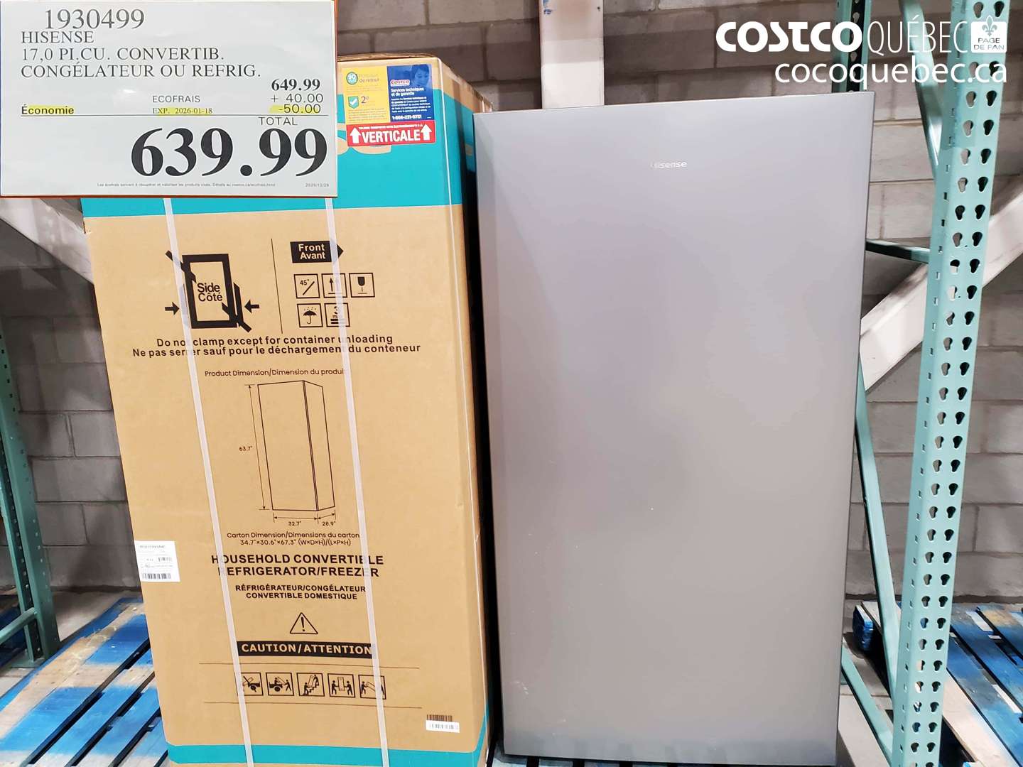 1930499 HISENSE 17,0 PI.CU. CONVERTIB. CONGÉLATEUR OU REFRIG. ($50.00 INSTANT SAVINGS EXPIRES ON 2026-01-18) $639.99