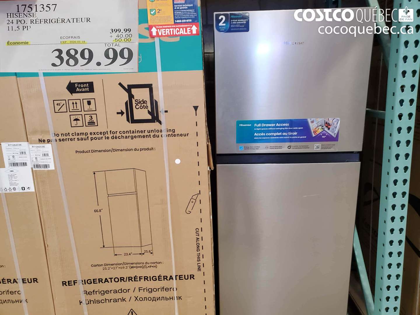 1751357 HISENSE 24 PO. RÉFRIGÉRATEUR 11,5 PI³ ($50.00 INSTANT SAVINGS EXPIRES ON 2026-01-18) $389.99