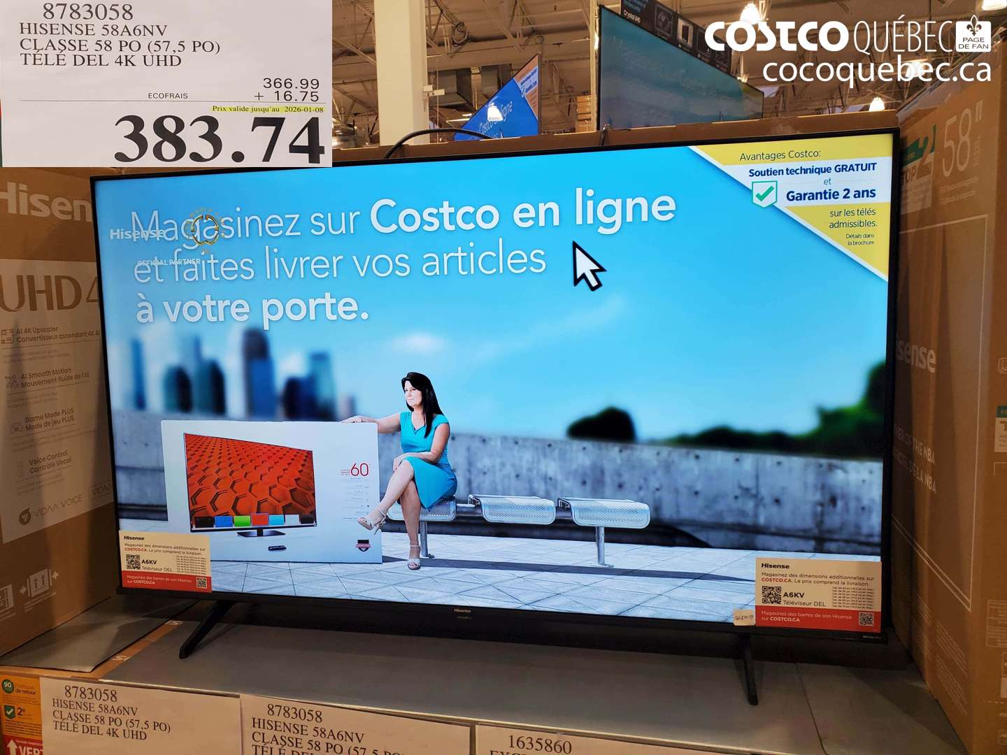 8783058 HISENSE 58A6NV CLASSE 58 PO (57,5 PO) TÉLÉ DEL 4K UHD (EXPIRES ON 2026-01-08) $383.74